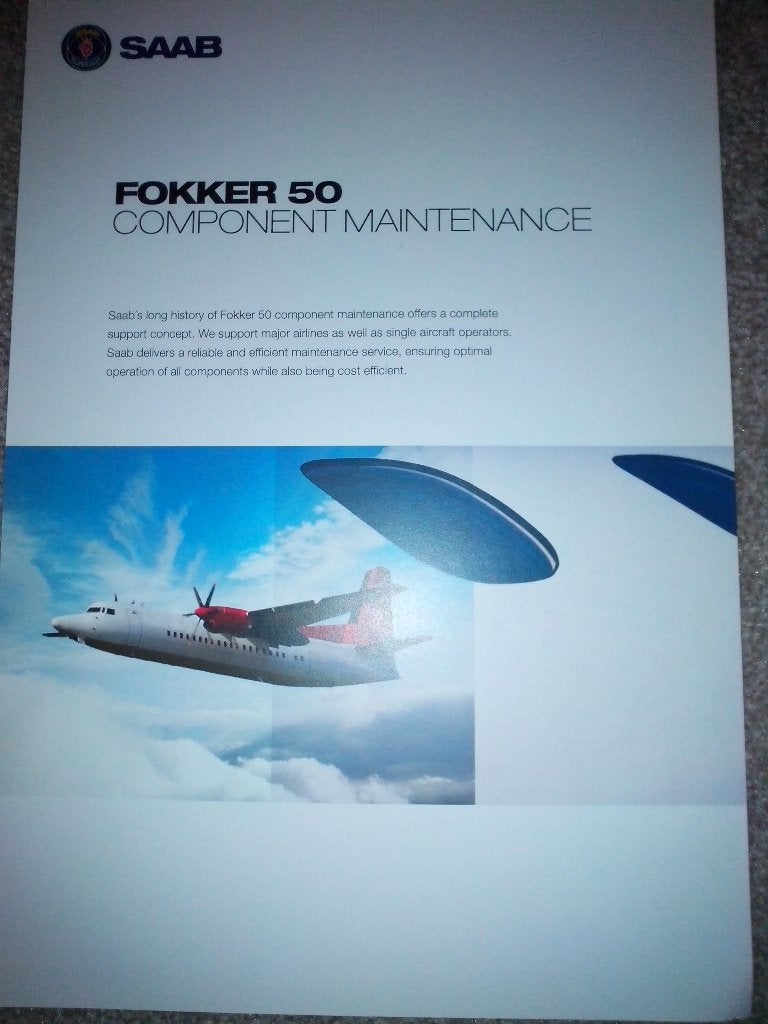 2x Fokker 50 brochures folders Performance Component Mainte, Ophalen of Verzenden, Zo goed als nieuw, Boek of Tijdschrift