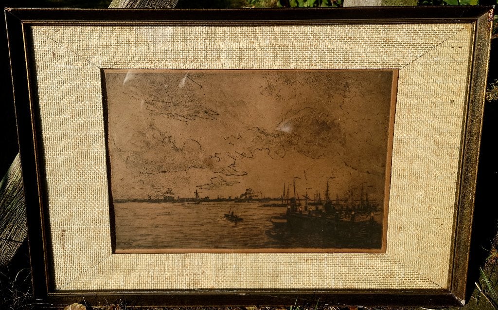Martin van Waning (1889-1972) Merwede voor Dordrecht ~1930, Antiek en Kunst, Kunst | Etsen en Gravures, Ets, 29 cm, Ophalen of Verzenden