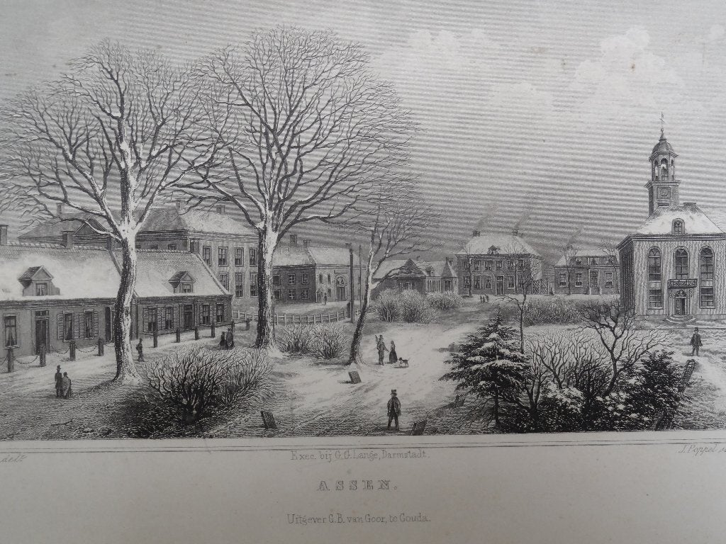 Staalgravure Assen in winter door J. Poppel uit 1858, Antiek en Kunst, 1800 - 1899, Verzenden, Stadsgezicht, Gravure