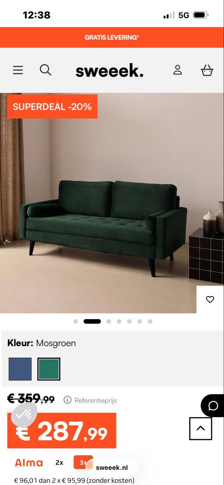 Zo goed als nieuwe mosgroene 2-zitsbank, Ophalen, 150 tot 200 cm, Tweepersoons, 75 tot 100 cm