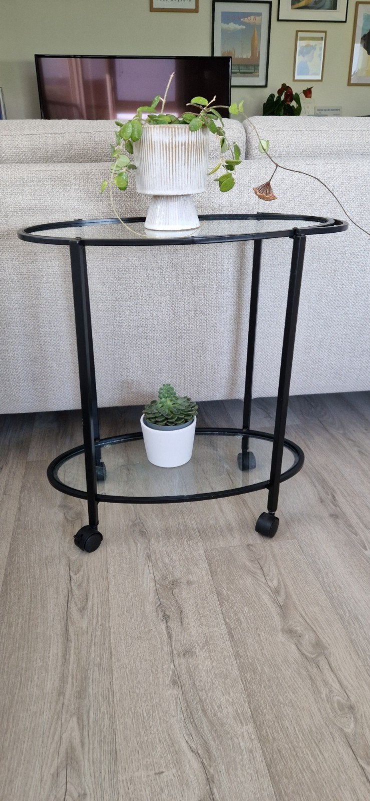 Bijzettafel met glas en metaal op wieltjes, 45 tot 60 cm, Gebruikt, Glas, Modern
