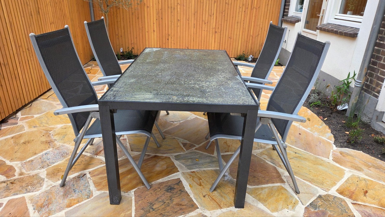 Bellagio Tuintafel met glazen blad en 4 stoelen, Ophalen, Gebruikt, Tuinset, Eettafel