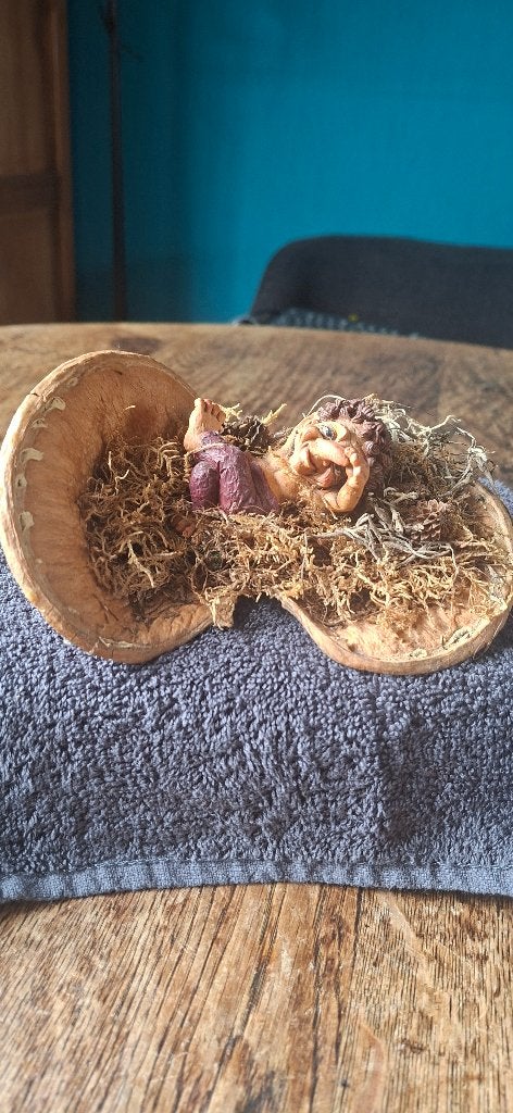 Schattige trol in opengeklapre notendop, Overige stijlen, Ophalen of Verzenden, Zo goed als nieuw, Natuurlijk materiaal