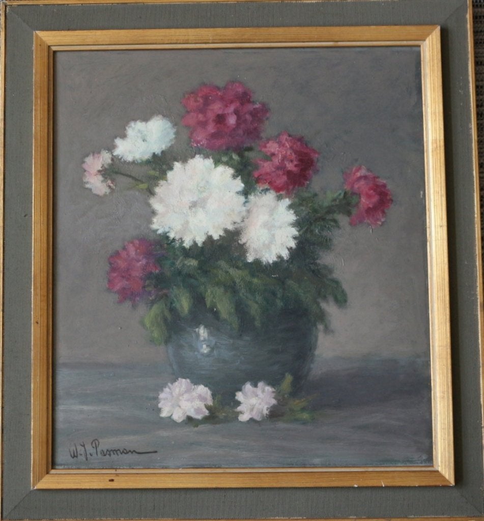 W.J. Pasman, bloemstilleven, olieverf op board., Bloemen, Overige ondergronden, Ophalen of Verzenden, Olieverf