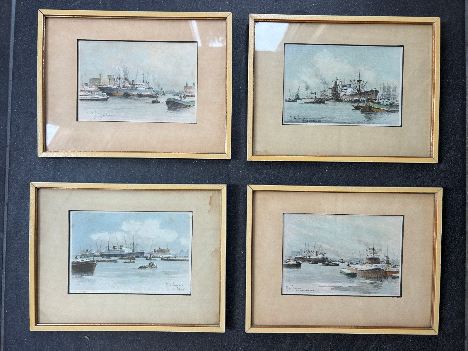 Set aquarellen – Rotterdamse haven, gesigneerd M. de Jongere, Achter glas, Maritiem / water, Ophalen of Verzenden, Klassiek