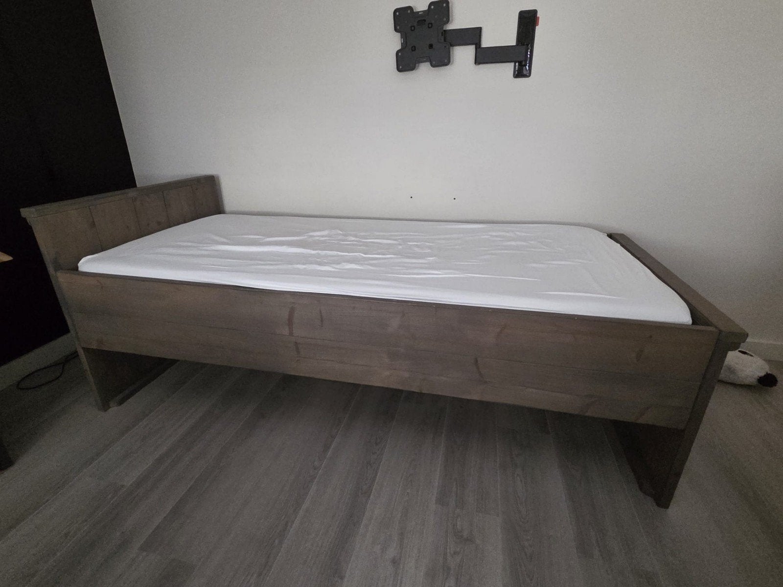 Steigerhouten bed met lattenbodem en matras, Ophalen, Gebruikt, 90 cm, Eenpersoons