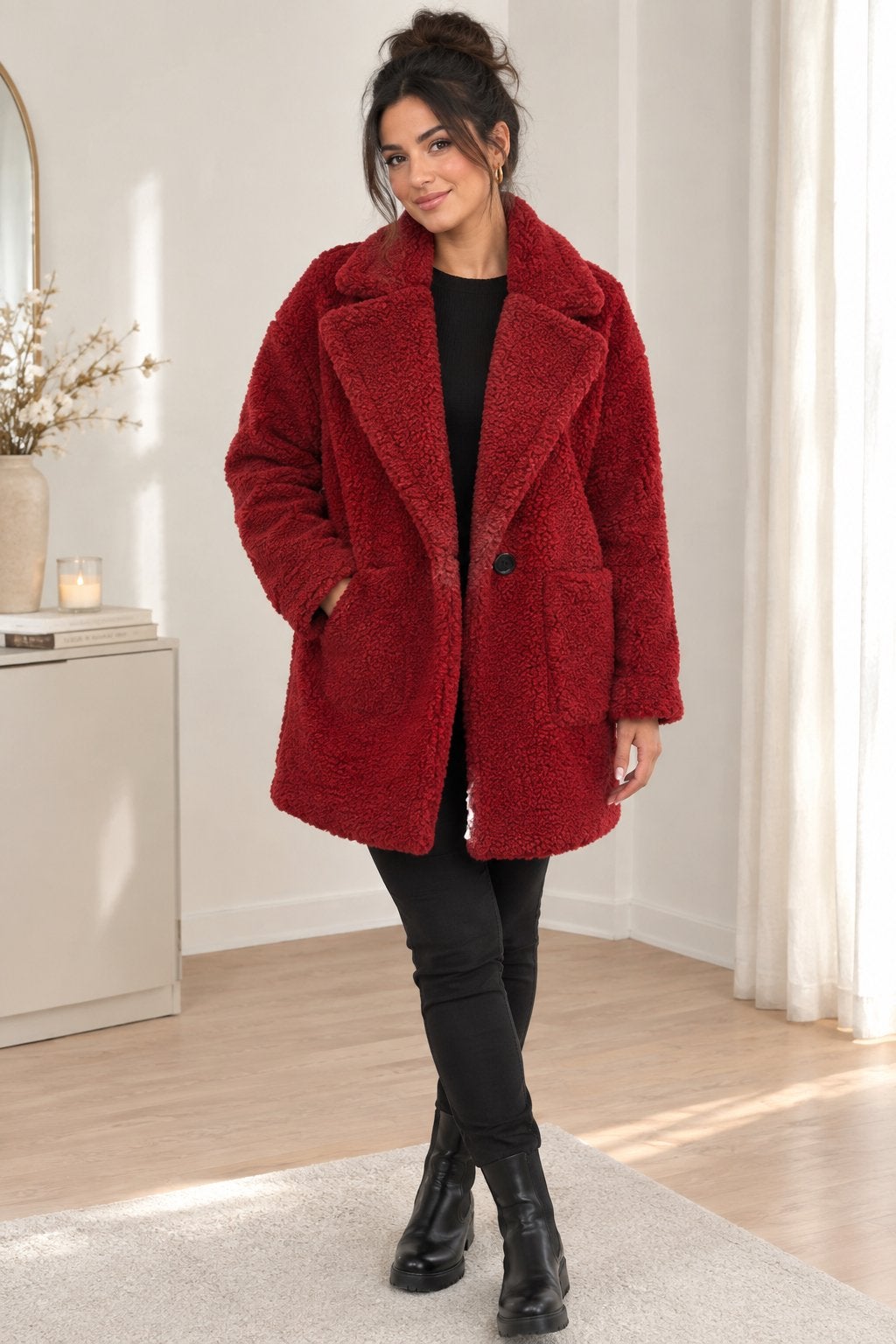 Rode teddy jas, Verzenden, Zo goed als nieuw, Maat 42/44 (L), Rood