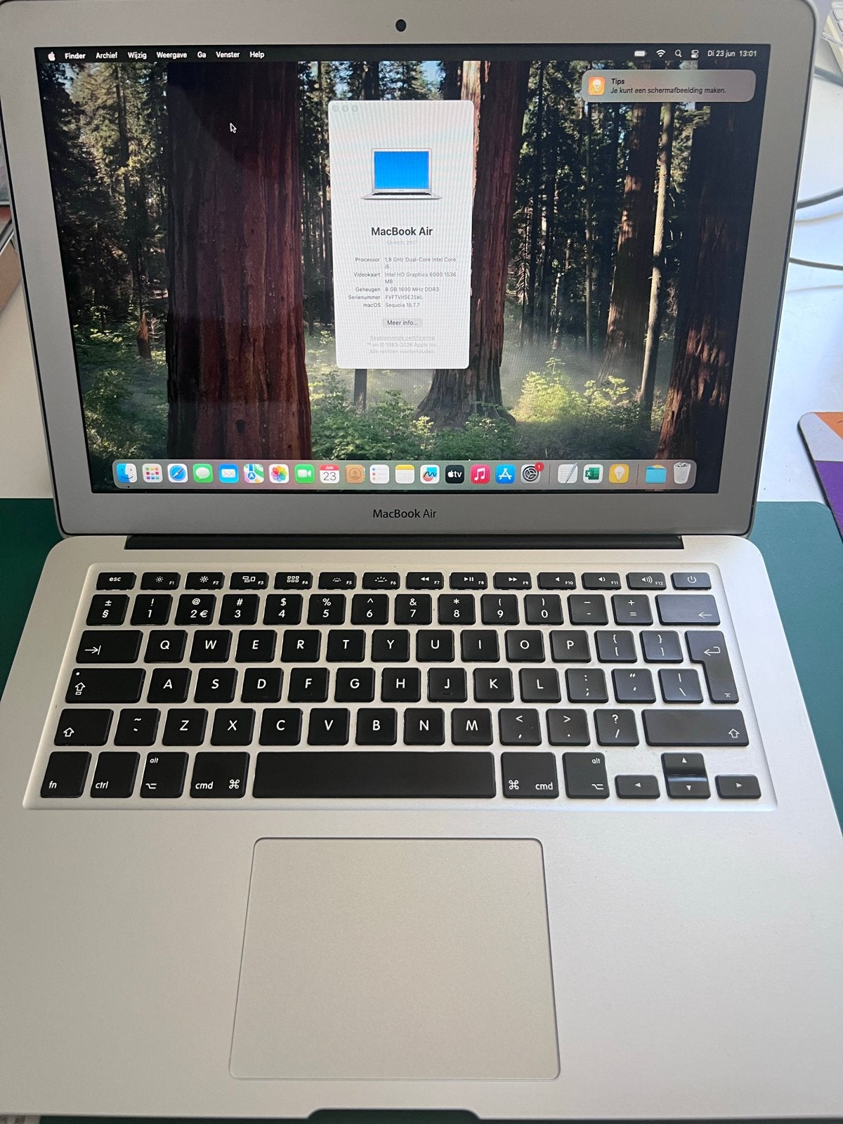MacBook Air 2017 - 8GB RAM, 256GB SSD, macOS Sequoia, Gebruikt, 256 GB, 8 GB, 13 inch