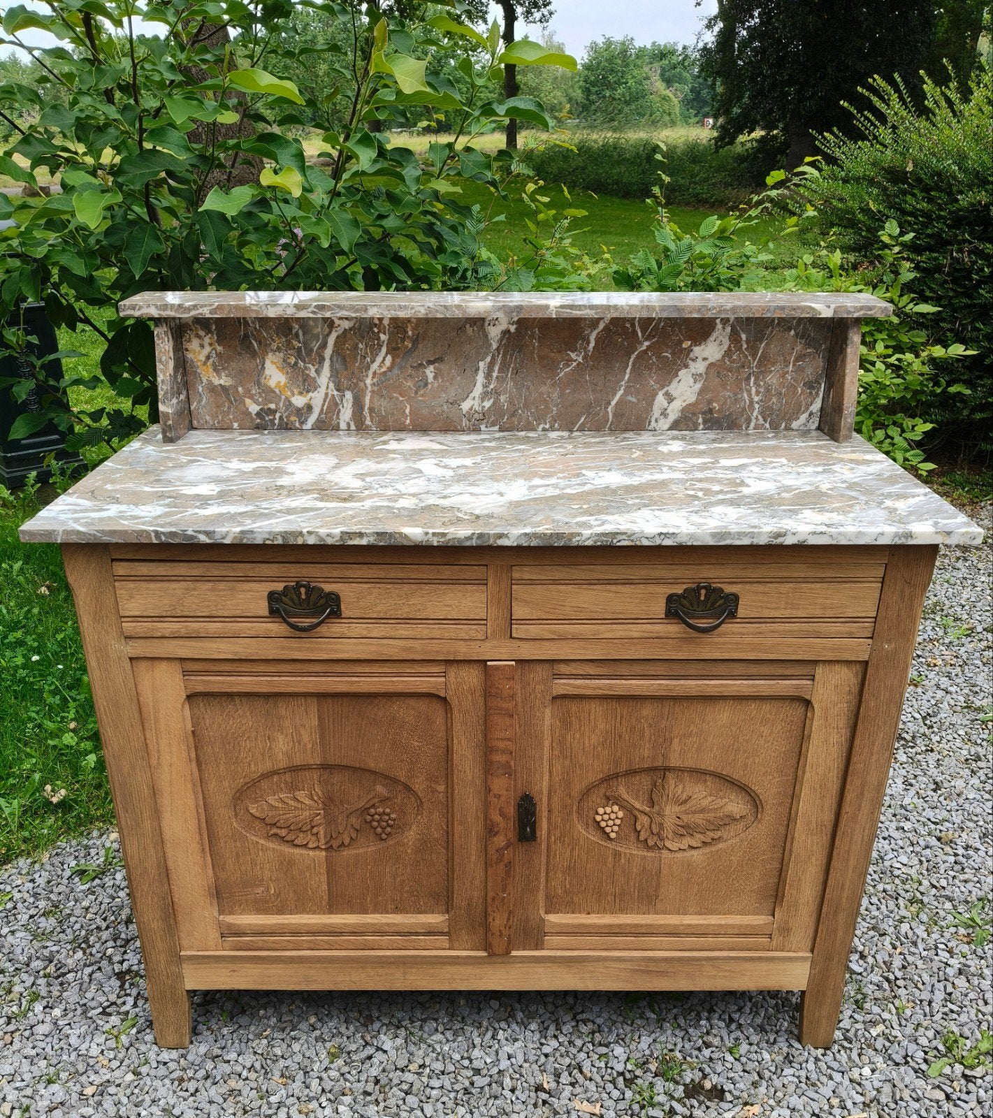 Antieke blank eiken commode met marmeren blad, Ophalen, Gebruikt, 100 tot 150 cm, Eikenhout