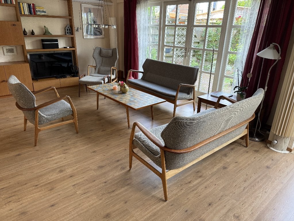 Bovenkamp Madsen & Schubell Teak Zitgroep met Salontafel, Huis en Inrichting, Fauteuils, Ophalen, Zo goed als nieuw, Stof, 125 cm of meer