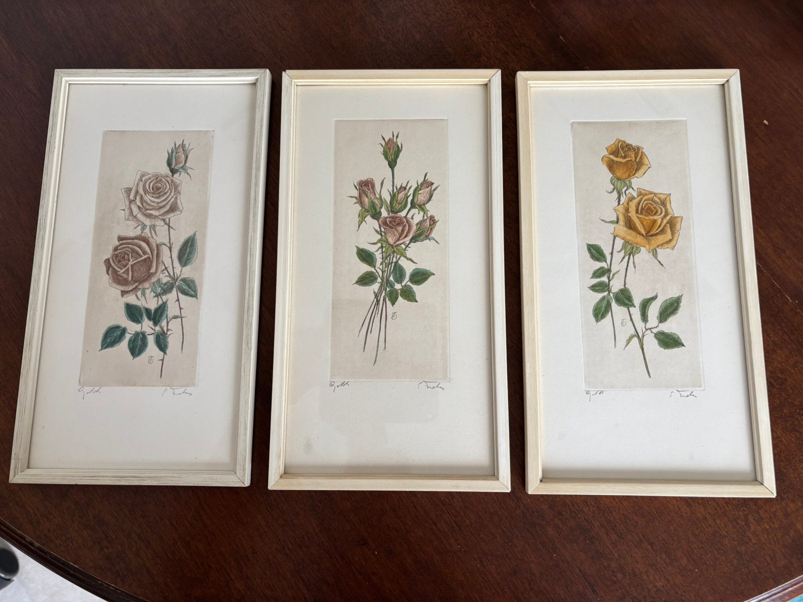 Handgeschilderde rozen etsen -E. Tiele-Modderman, Antiek en Kunst, Gesigneerd in de plaat, Ophalen, Dieren en Natuur, Ets