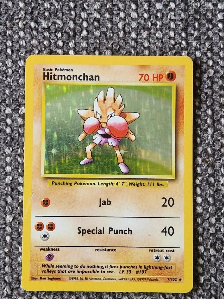 Pokémon Hitmonchan 7/102 – Base Set 1999 – Vintage Holo Rare, Ophalen of Verzenden, Gebruikt, Losse kaart, Foil