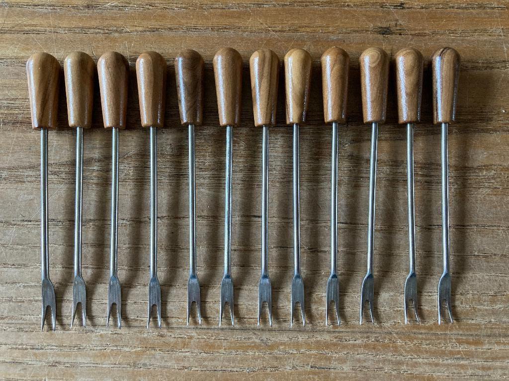 12 Vintage little forks hout houten cocktailvorkjes vorkjes, Antiek en Kunst, Ophalen of Verzenden