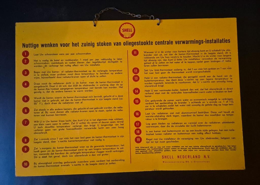 SHELL reclamebord blik vintage met nuttige stook tips, Verzamelen, Merken en Reclamevoorwerpen, Ophalen of Verzenden, Gebruikt