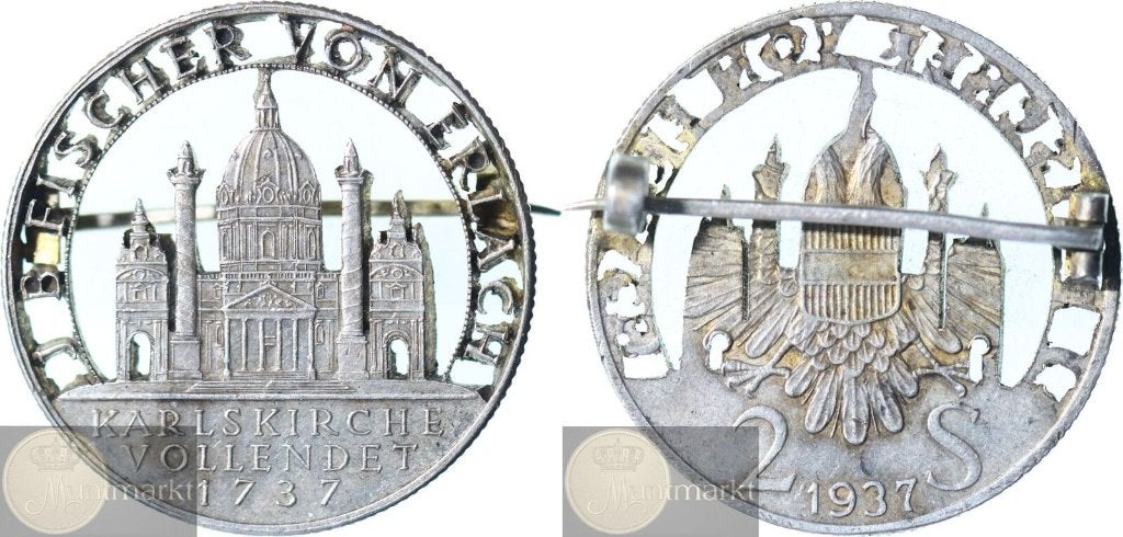Oostenrijk - 2 Schilling 1937 'Karlskirche - Broche', Ophalen of Verzenden, Zilver, Buitenland