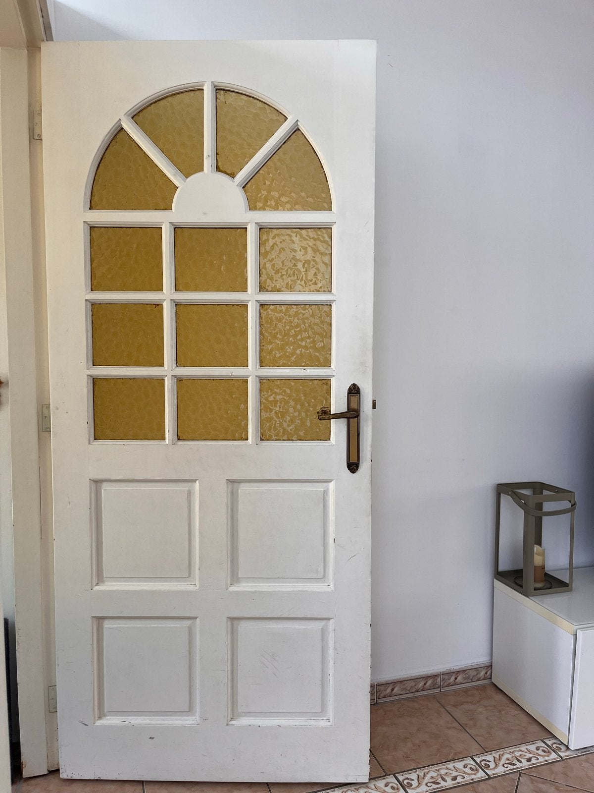 Witte binnendeur met glas en messing beslag, Ophalen, Gebruikt, 80 tot 100 cm, Binnendeur