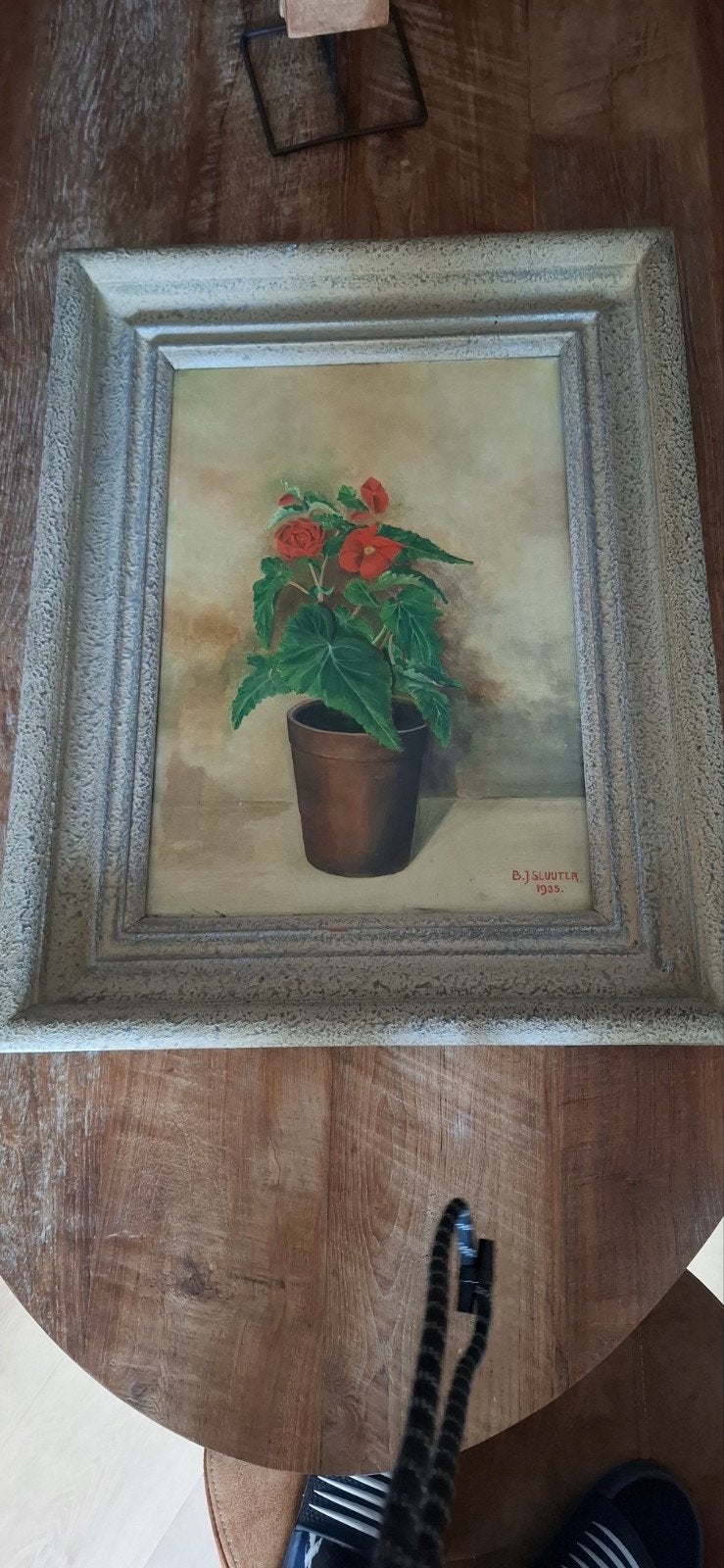 Olieverfschilderij B.J. Sluiter 1905 - Begonia in pot, Bloemen, Doek, Ophalen of Verzenden, Olieverf