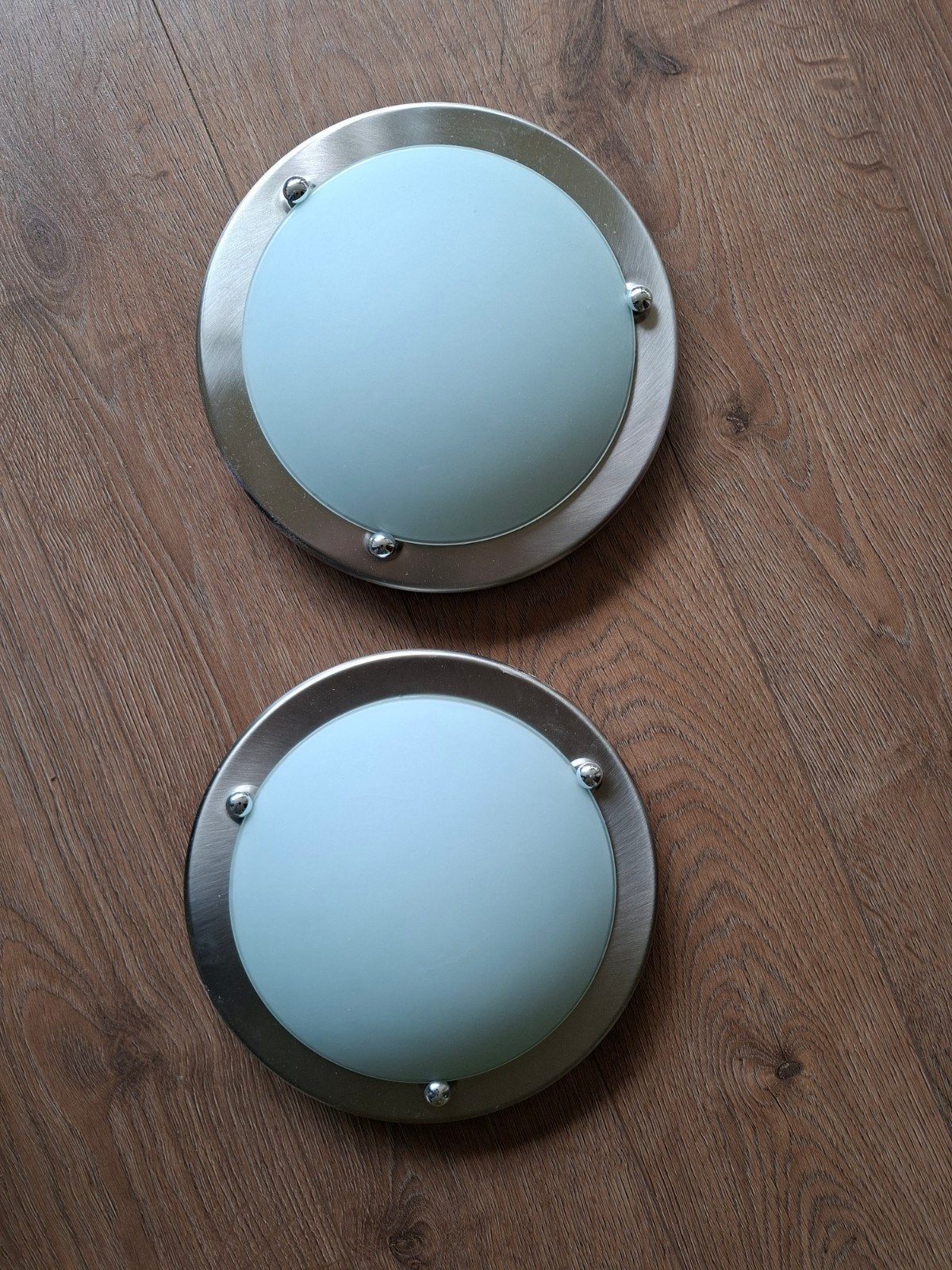 Set van 2 plafondlampen, geborsteld staal met mat glas, Huis en Inrichting, Ophalen of Verzenden, Gebruikt, Modern, Industrieel