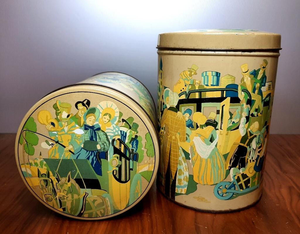 2 identieke vintage blikken 22,5 cm hoog x 15,8 cm doorsnede, Ophalen of Verzenden, Gebruikt, Overige