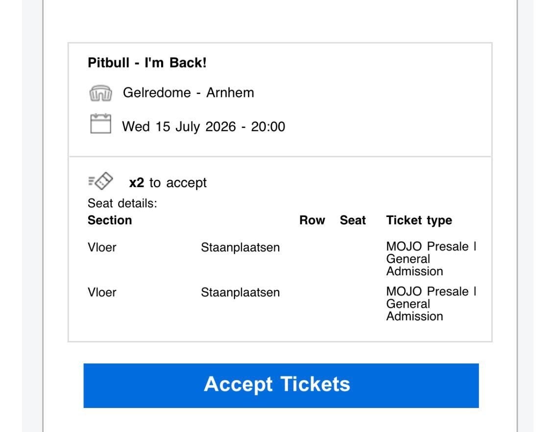 2 pitbull concert tickets!, Tickets en Kaartjes, Twee personen, Juli