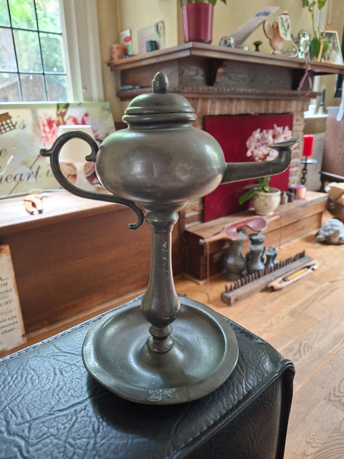 Antieke tinnen olielamp met handvat, Antiek en Kunst, Antiek | Lampen, Ophalen