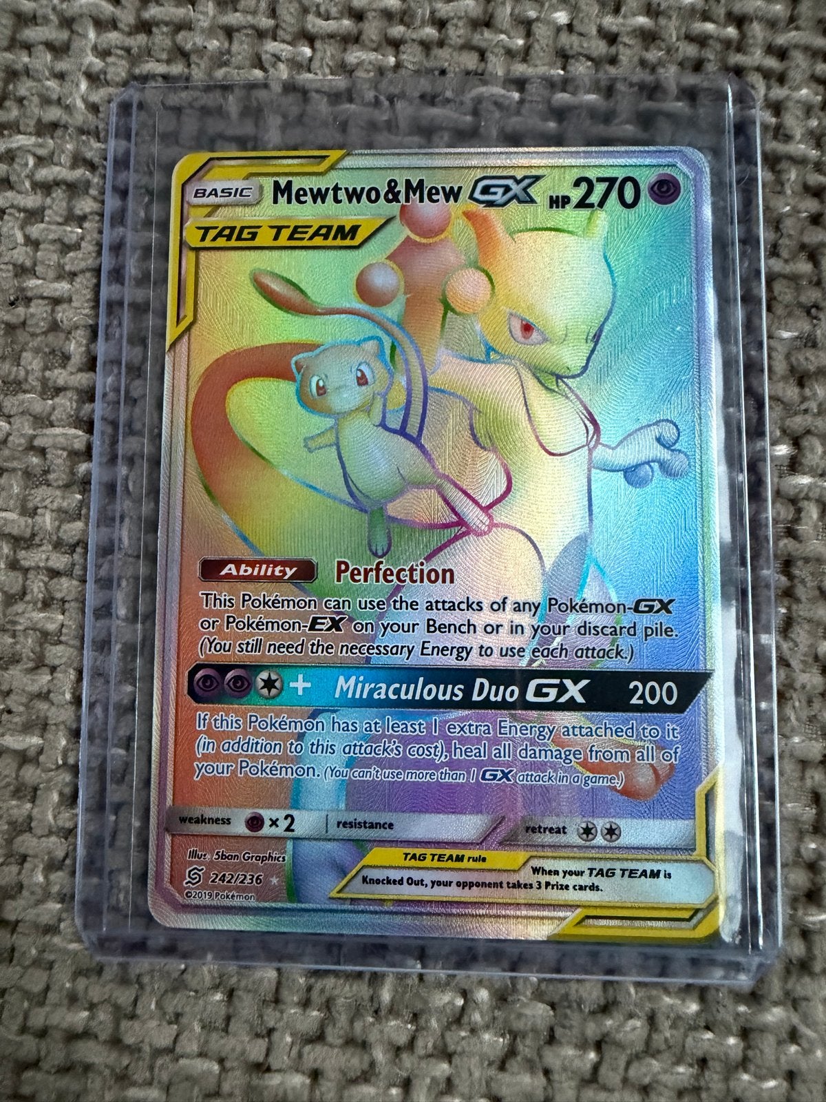 Pokémon Mewtwo & Mew GX Rainbow Rare 242/236, Ophalen of Verzenden, Zo goed als nieuw, Losse kaart, Foil