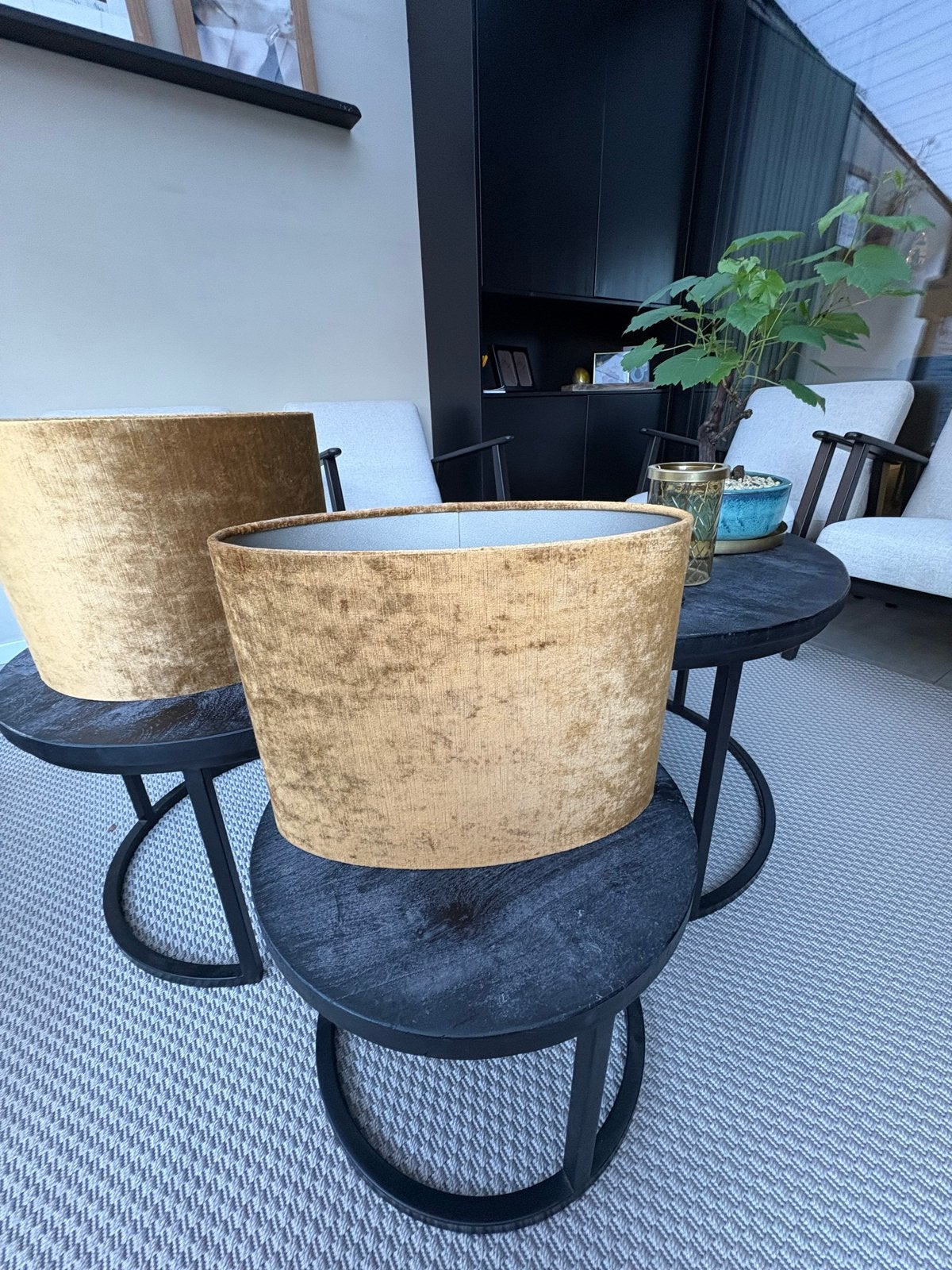 Light en Living Set van 2 gouden fluwelen lampenkappen, Ophalen, Rond, Zo goed als nieuw, Textiel