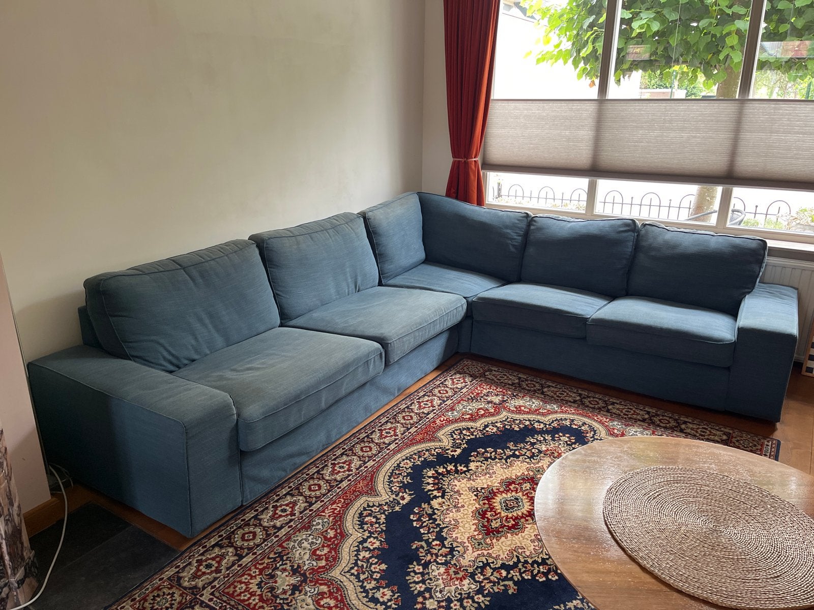 Blauwe stoffen hoekbank - 300x250 cm - Gebruikt, Huis en Inrichting, Banken | Bankstellen, Ophalen, Gebruikt, Hoekbank, 300 cm of meer