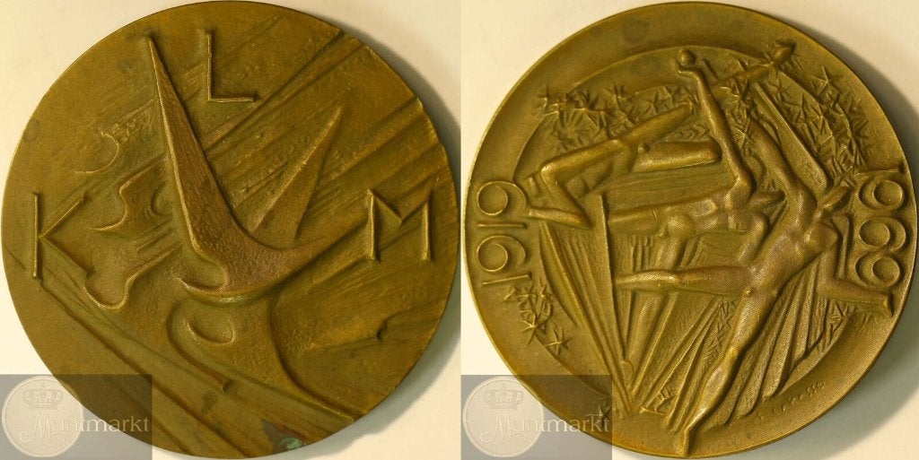 Historiepenning 1969 'KLM 50 jaar door F. Carasso', Ophalen of Verzenden, Brons, Nederland
