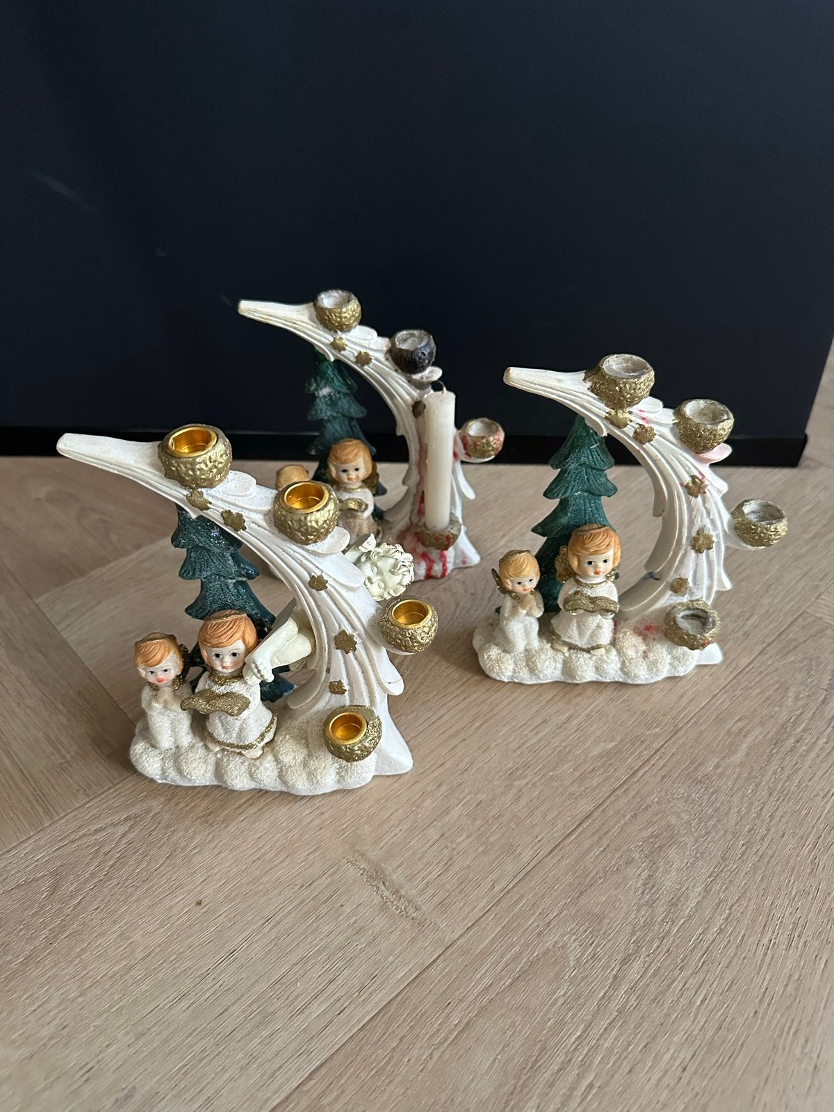 Set van 3 Kerst Kandelaars met Engeltjes en Kerstbomen, Ophalen of Verzenden, Gebruikt