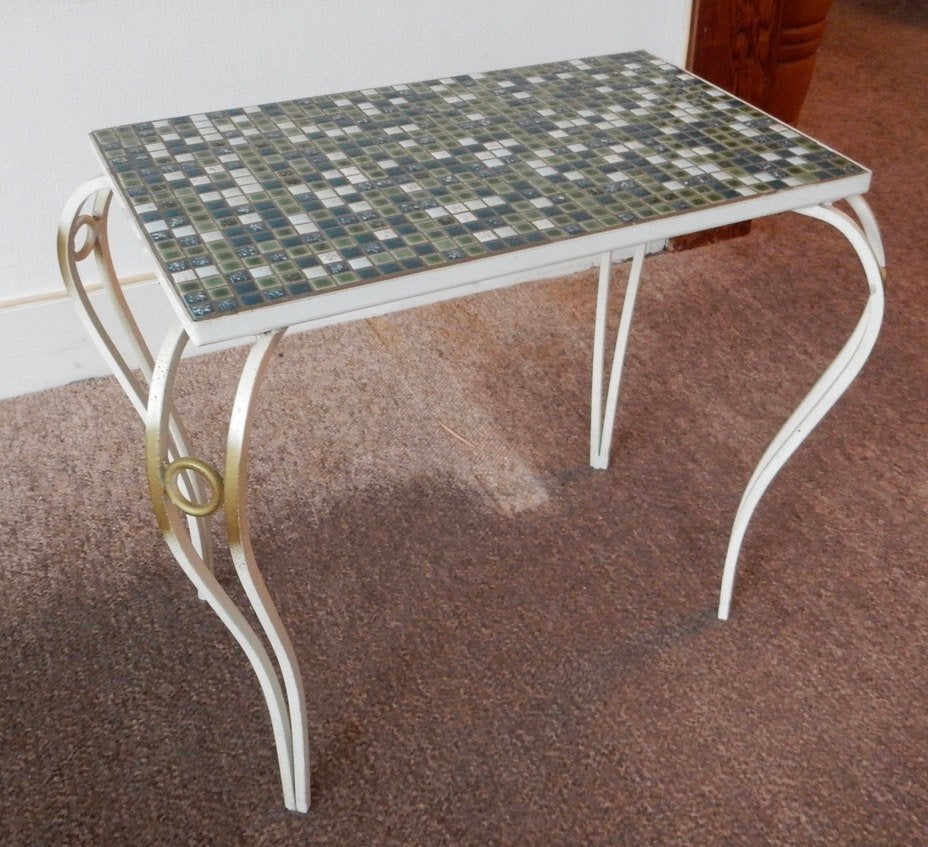 vintage sidetable bijzettafeltje Mozaïek groen wit glazuur, Ophalen, Zo goed als nieuw, Rechthoekig, Overige materialen