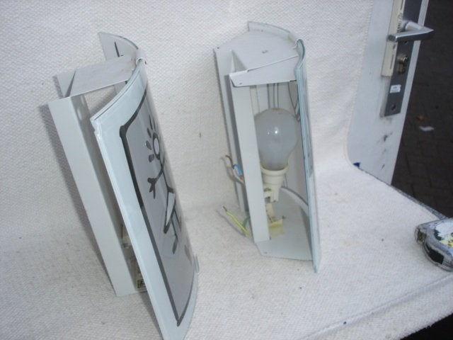 Twee wandlampjes design Yves Blayo + schaaltje, Huis en Inrichting, Wandlamp, Gebruikt, Met schakelaar, E27 (groot)