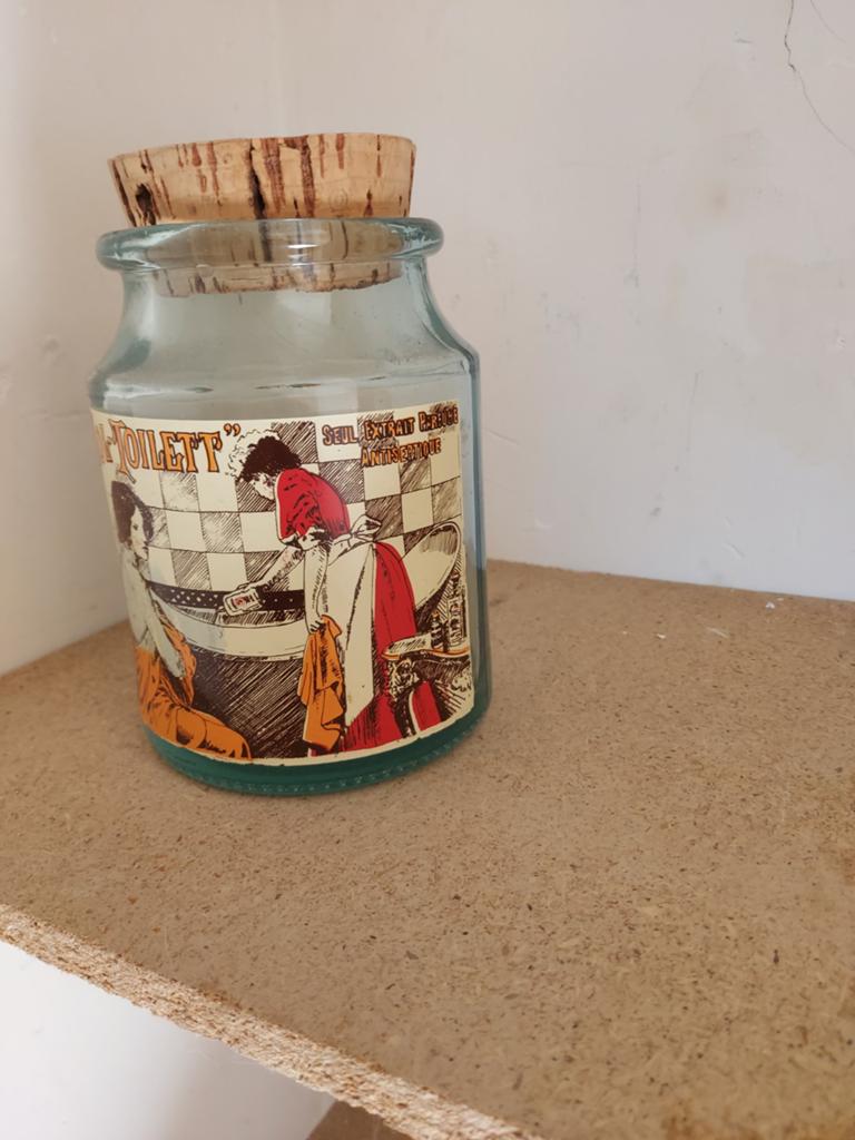 Vintage "Thymol-Toilett" Glazen Pot met Kurk, Ophalen of Verzenden