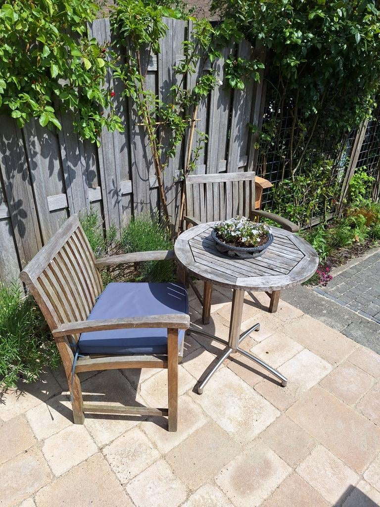 Frans Bistro Tuinset - Versus Teakhouten Stoelen & Tafel, Tuin en Terras, Tuinsets en Loungesets, 2 zitplaatsen, Gebruikt, Teakhout