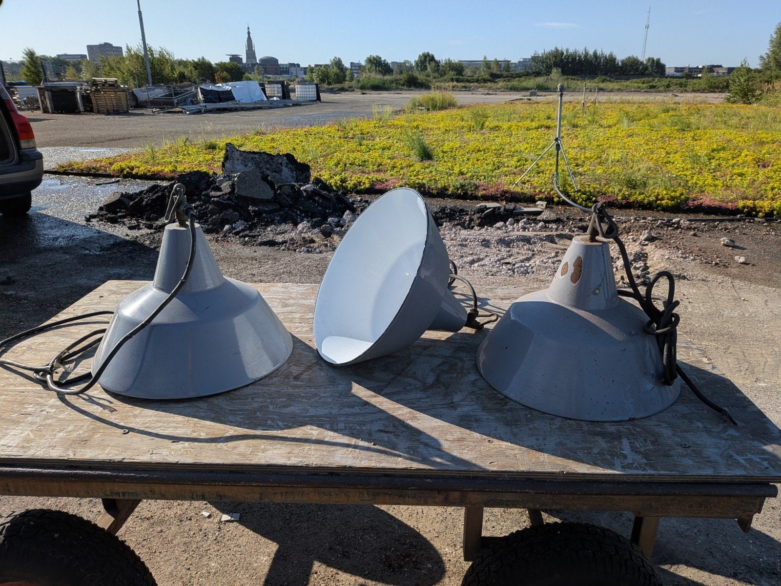 Set van 3 industriële hanglampen, grijs emaille, Antiek en Kunst, Antiek | Lampen, Ophalen