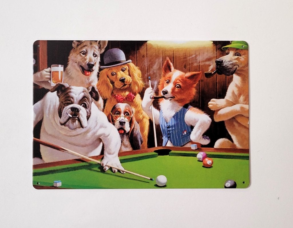 Honden spelen pool biljart reclamebord van metaal wandbord, Info@deconoord.nl, Deco Noord, Nieuw, Ophalen of Verzenden