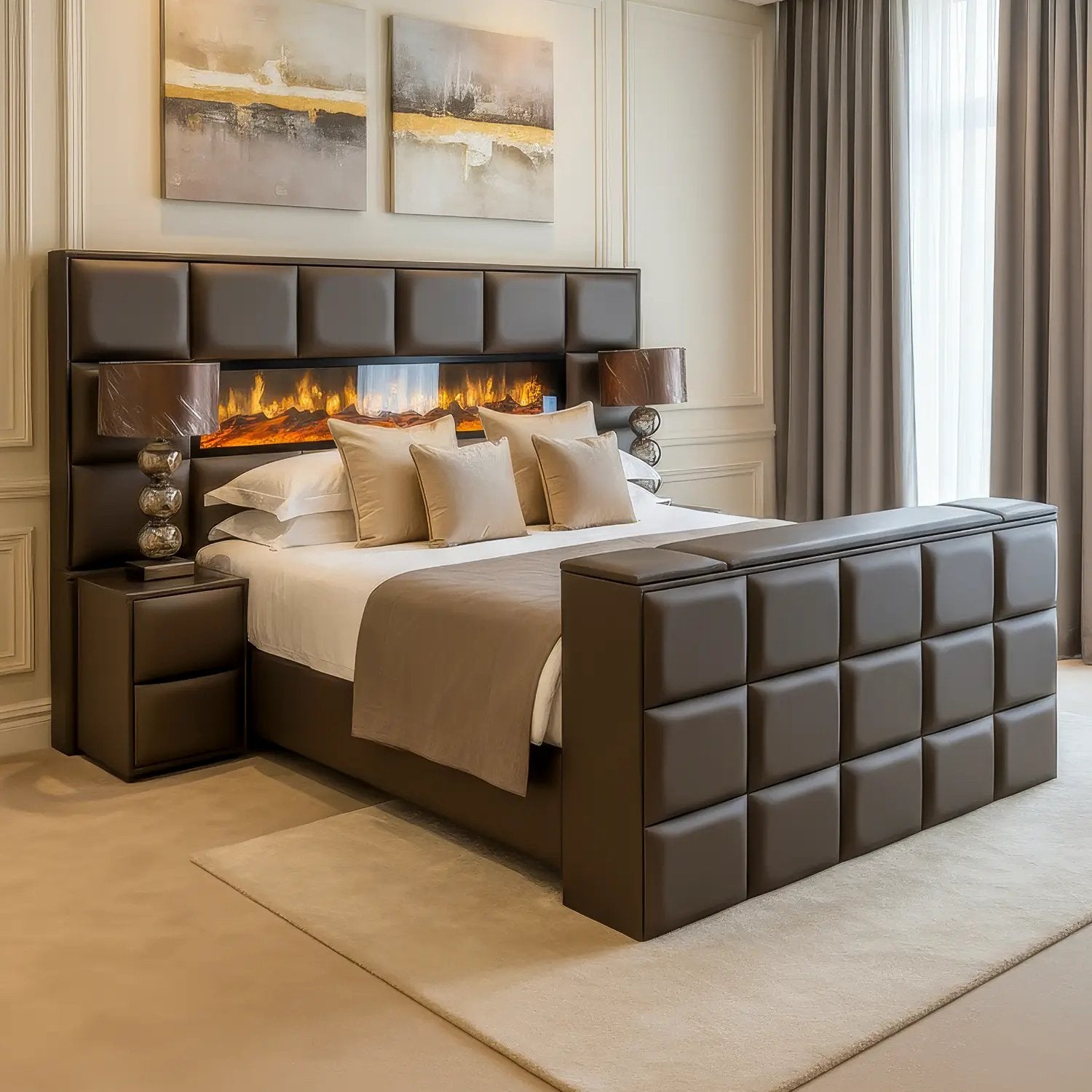 Luxe Boxspring Sfeerhaard met TV-lift, Nachtkastjes & Lampen, Ophalen of Verzenden, Zo goed als nieuw, Tweepersoons, Eric Kuster