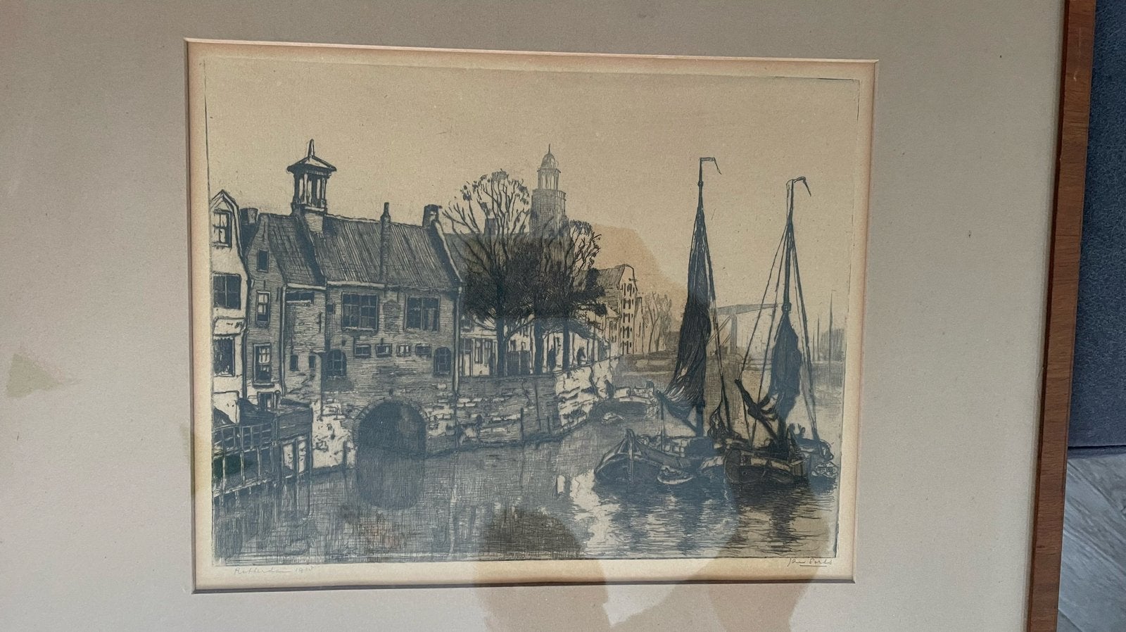Oude ets van Rotterdam Delfshaven, Antiek en Kunst, Kunst | Etsen en Gravures, Ingelijst, Ets, Stadsgezicht, Ophalen of Verzenden