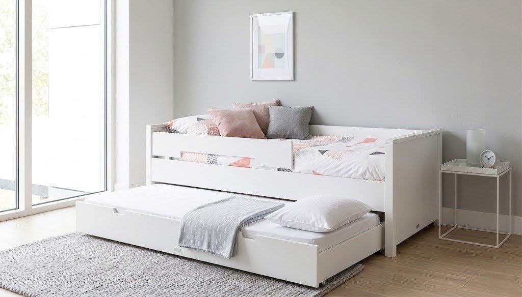 Net Bopita Jonne Bed 90x200 met logeerlade + 1x zgan matras, Ophalen, 85 tot 100 cm, Zo goed als nieuw, Lattenbodem