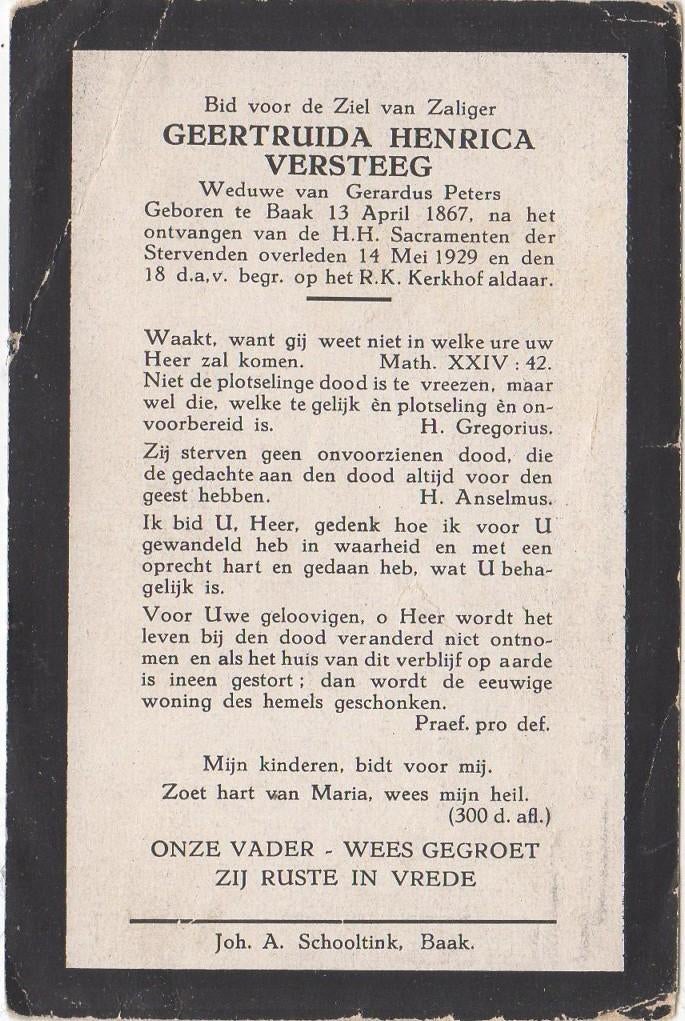 Geertruida Henrica Versteeg 1867 Baak + 1929 Baak, 62 jr, Verzenden