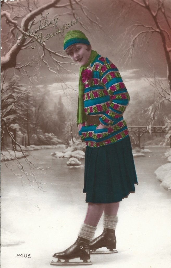 Antiek*Gelukkig Nieuwjaar*Jongedame*Schaatsen*IJs*Mooie trui, Verzamelen, Ophalen of Verzenden, 1920 tot 1940, Gelopen, Feest(dag)