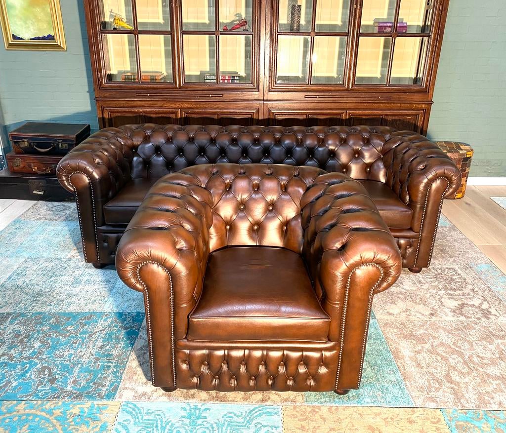 Chesterfield 3.5 +1 zit bankstel bruin gevlamd, Huis en Inrichting, Ophalen of Verzenden, Gebruikt, 75 tot 100 cm, Leer