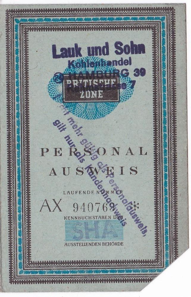 Personal Ausweis voor Britische Zone -kolenhandel Lauk 1949, Verzamelen, Ophalen, Overige soorten, Duitsland, Overige typen