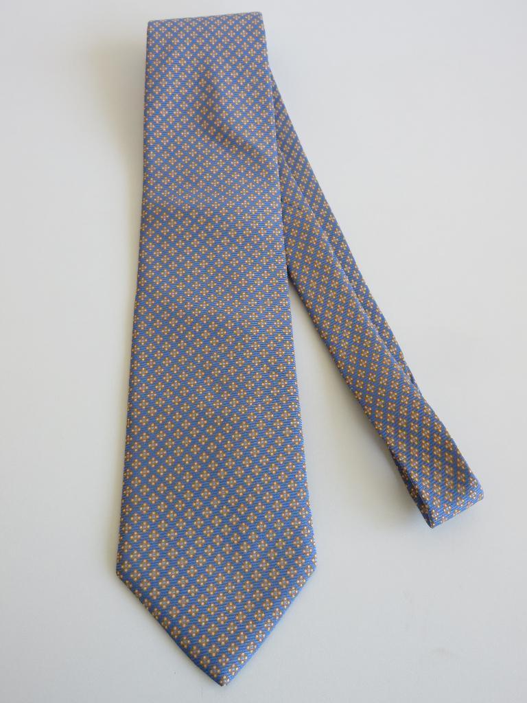 Meddens zijde stropdas lichtblauw met gele medaillons, Blauw, Meddens, Ophalen of Verzenden, Zo goed als nieuw