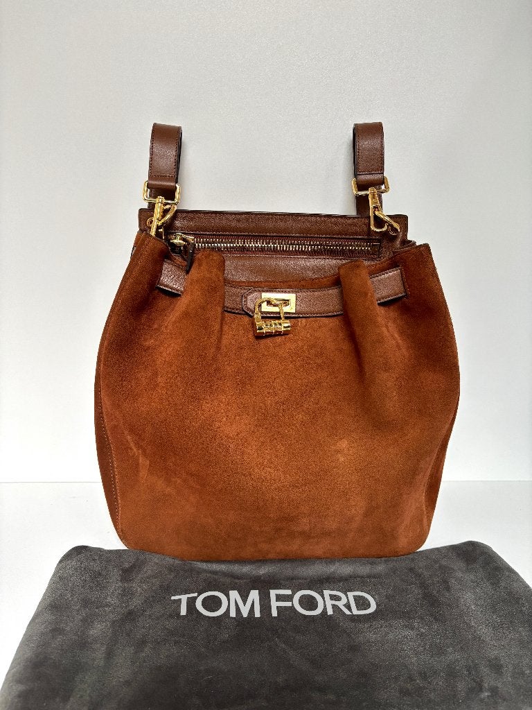 TOM FORD Natasha bruin suede leer backpack shoulder bag tas, Ophalen of Verzenden, Zo goed als nieuw, Bruin, Schoudertasje