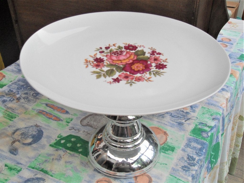 brocante vlaaischotel/ taartplateau porselein/ bloemen, Ophalen of Verzenden
