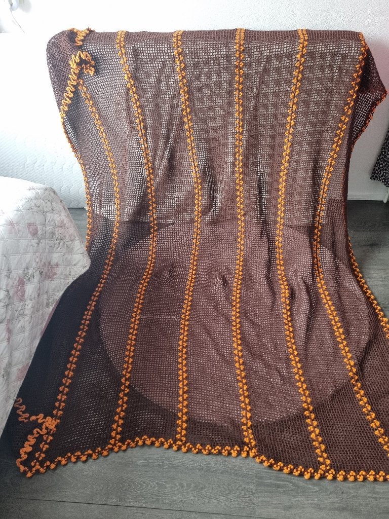Vintage Gehaakt Katoen Bed Sprei Bruin Oranje 70s 2 Persoons, Gebruikt, Bruin, Verzenden, Katoen