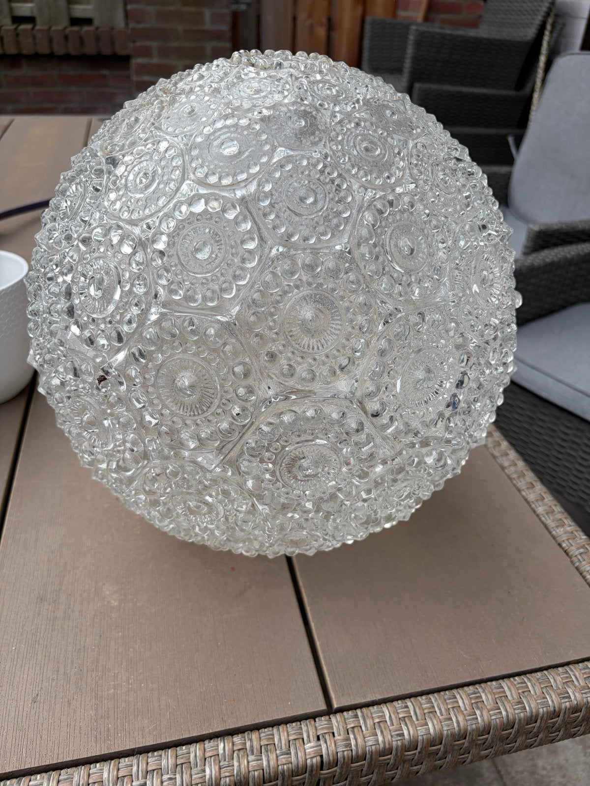 Vintage glazen bol lampenkap met patroon, Hanglamp, Gebruikt, Wit, Rond