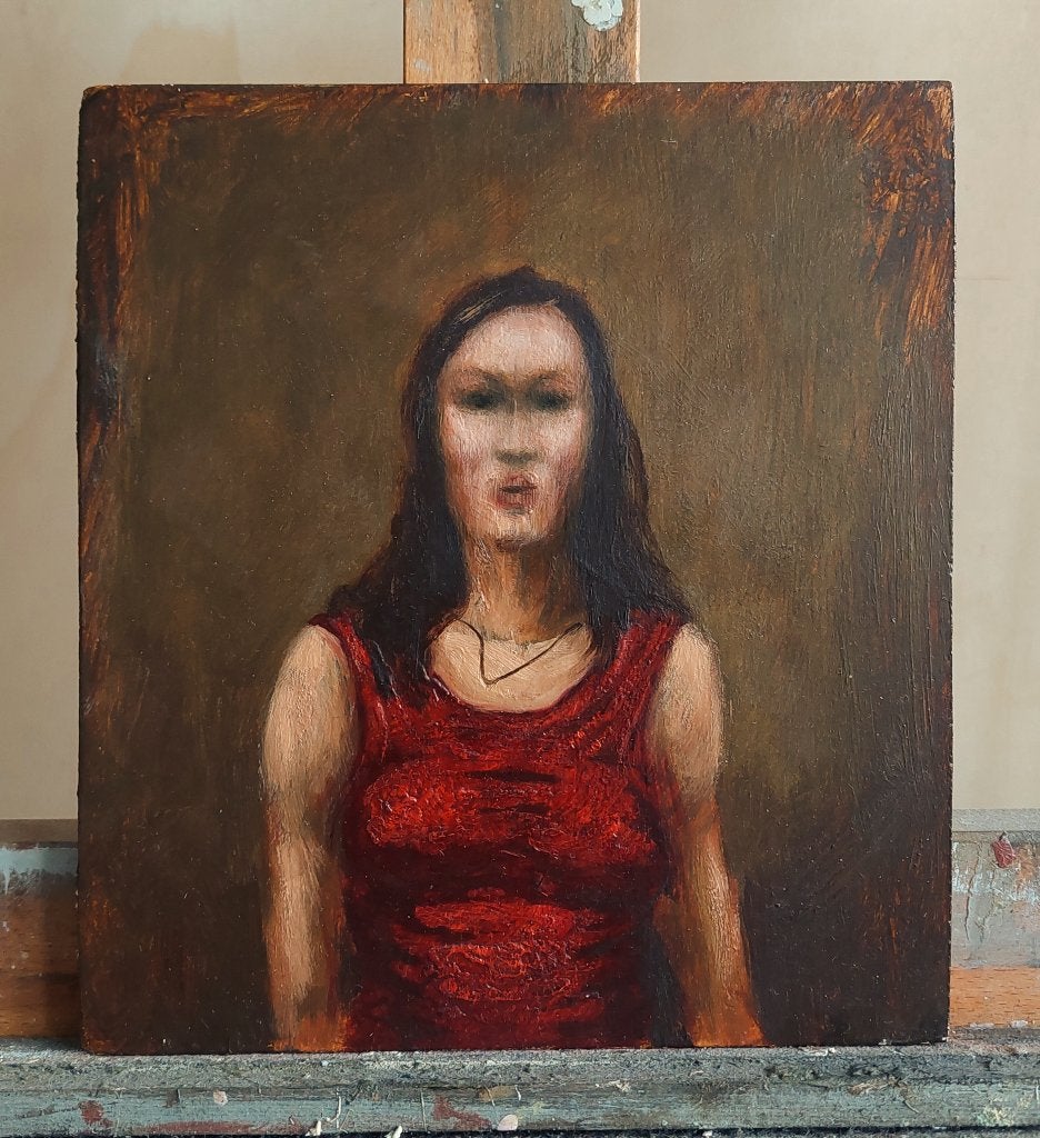 Schilderijtje van Vrouw in Rode Jurk - Olieverf, Paneel, Portret of Personen, Ophalen of Verzenden, Olieverf
