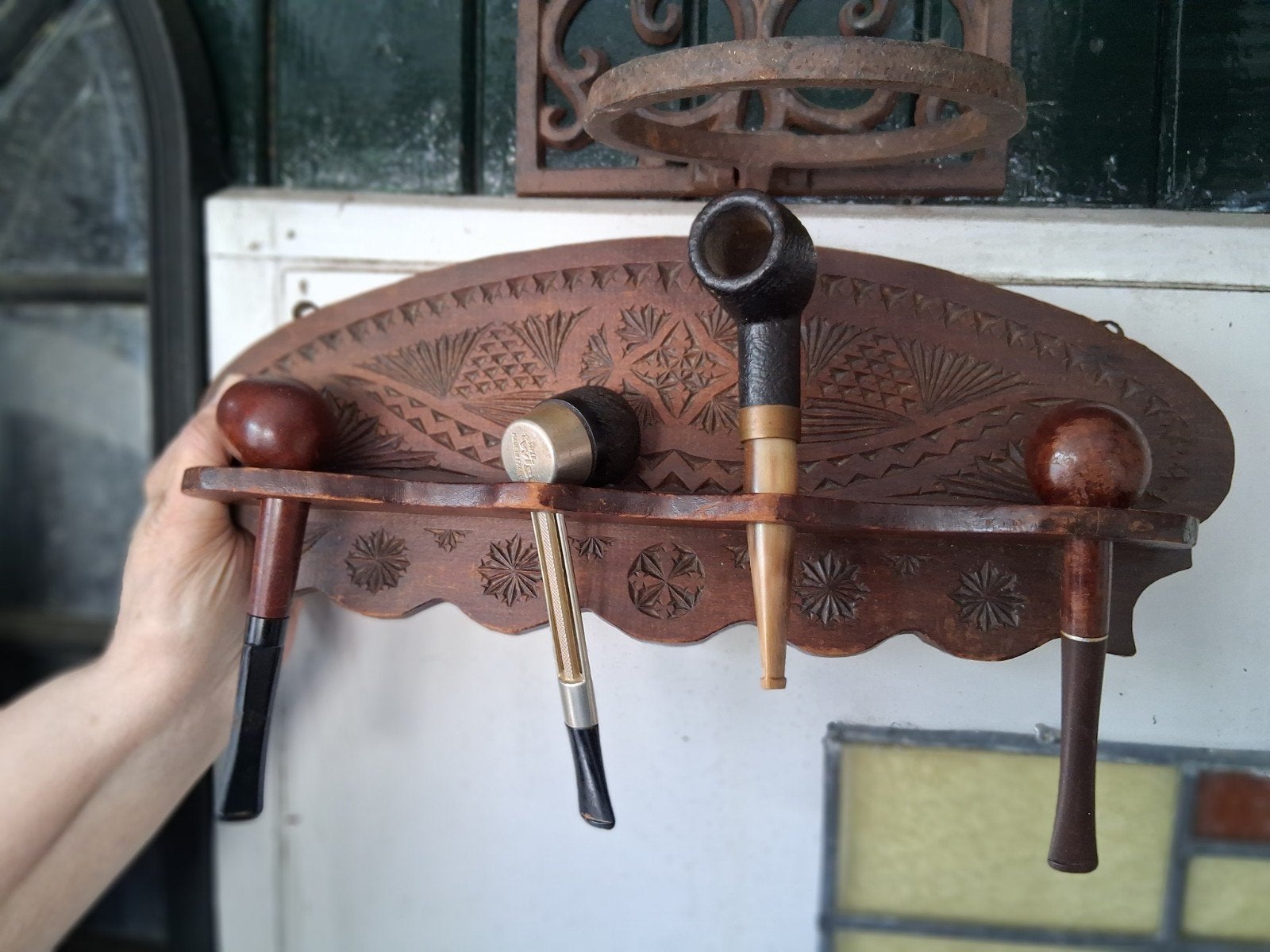 Antiek houten pijpenrek met diverse pijpen, Ophalen of Verzenden, Gebruikt, Overige typen